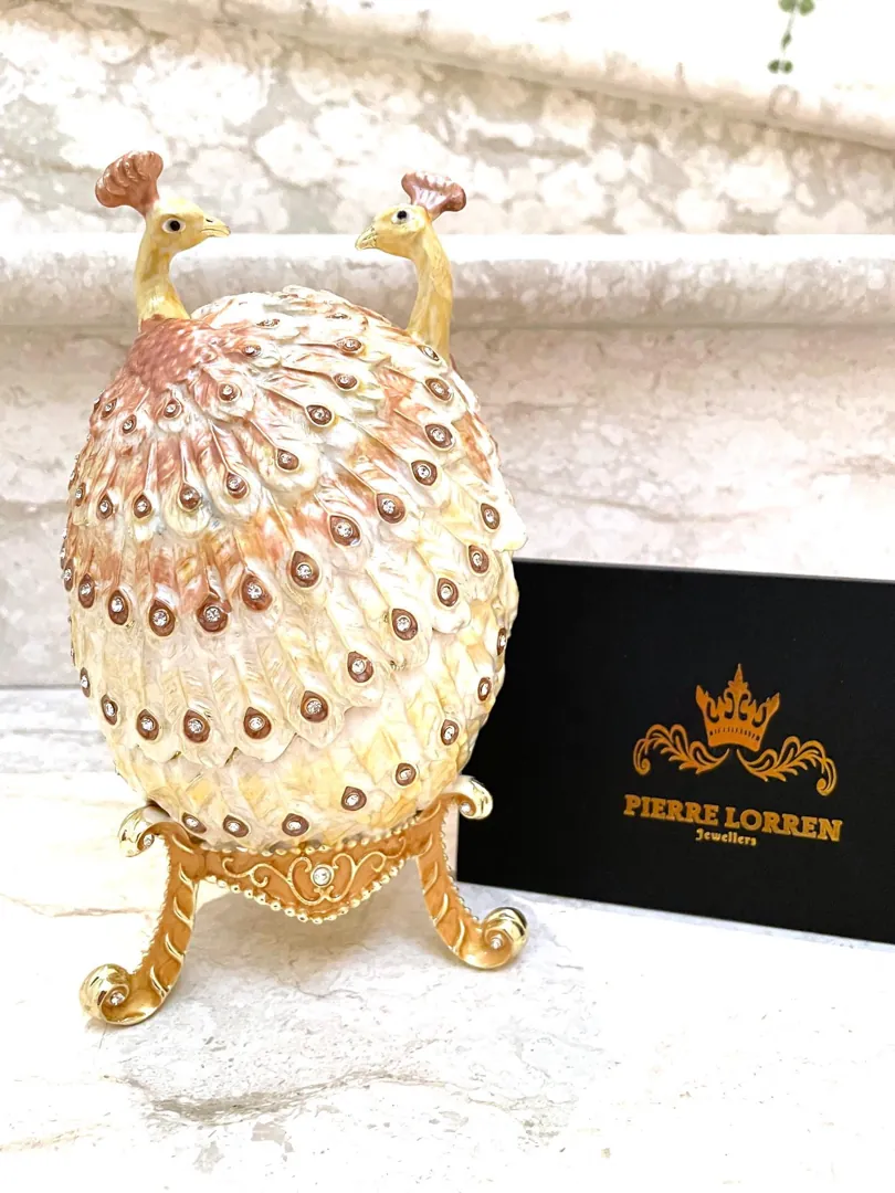 Pierre Lorren Gold Peacock Jewelry Box Faberge Egg Pure Gold Swarovski HANDMADE Faberge Trinket Box & Bracelet Peacock Gifts for Her 7.9
