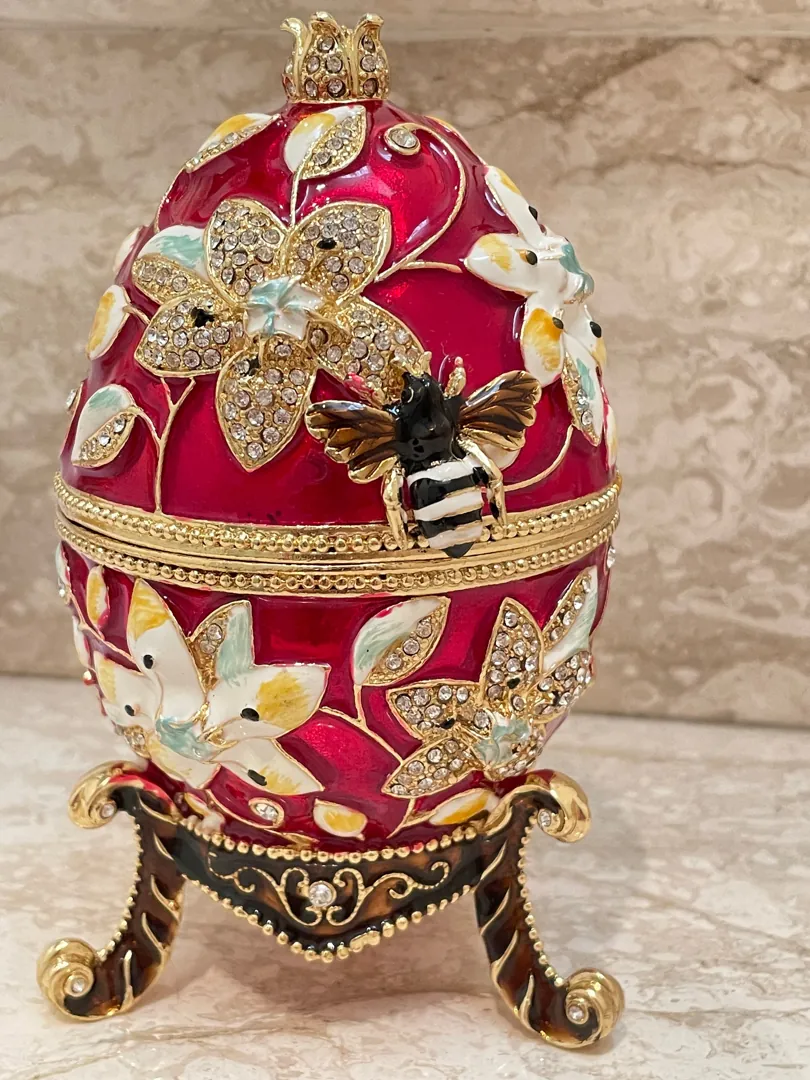 Red Faberge Egg style, Pomegranate Trinket, GOOD LUCK Gift, Housewarming gift, Pomegranate Collector's Egg 400 Crystal Handset - Handmade Box.