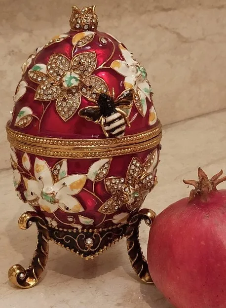 Red Faberge Egg style, Pomegranate Trinket, GOOD LUCK Gift, Housewarming gift, Pomegranate Collector's Egg 400 Crystal Handset - Handmade Box.