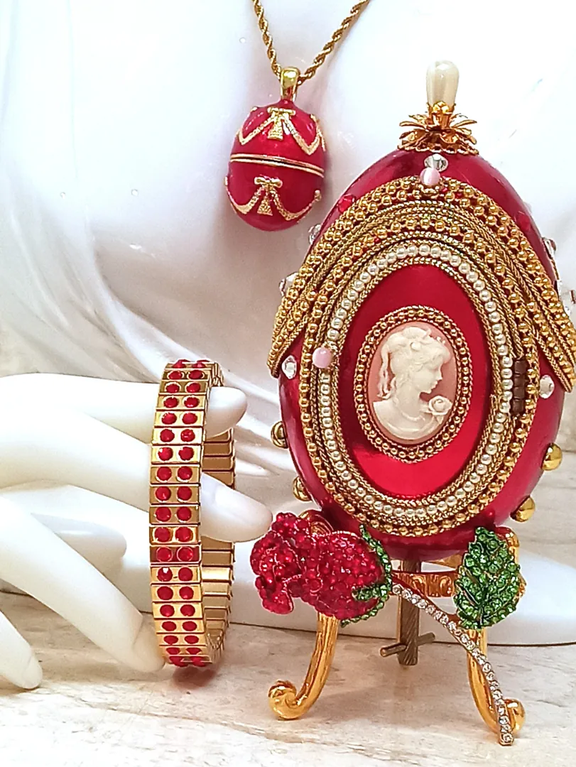 ONE OF A KIND gift, Faberge Egg Trinket Box, Faberge MUSIC Box, Antique Picture Frame, Vintage Egg Faberge style, 24k Necklace Bracelet & Faberge egg.