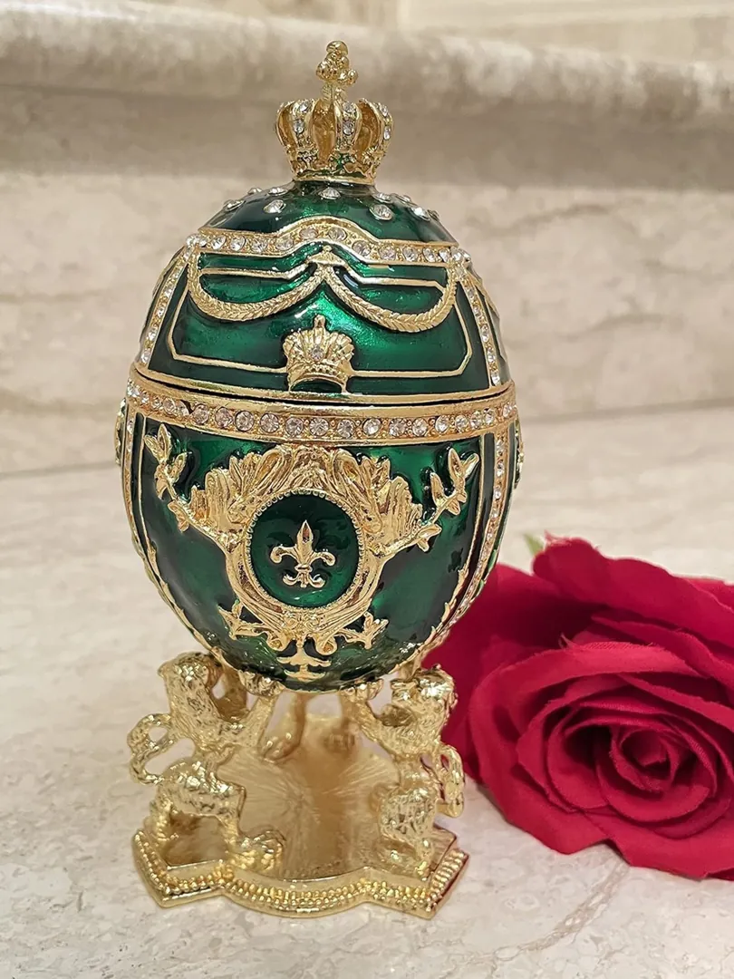 Imperial Emerald Faberge Eggs Fabergé Egg Style Handmade Trinket Box by Pierre Lorren Pure Gold Decor Swarovski Easter Egg Gift Idea 6.5