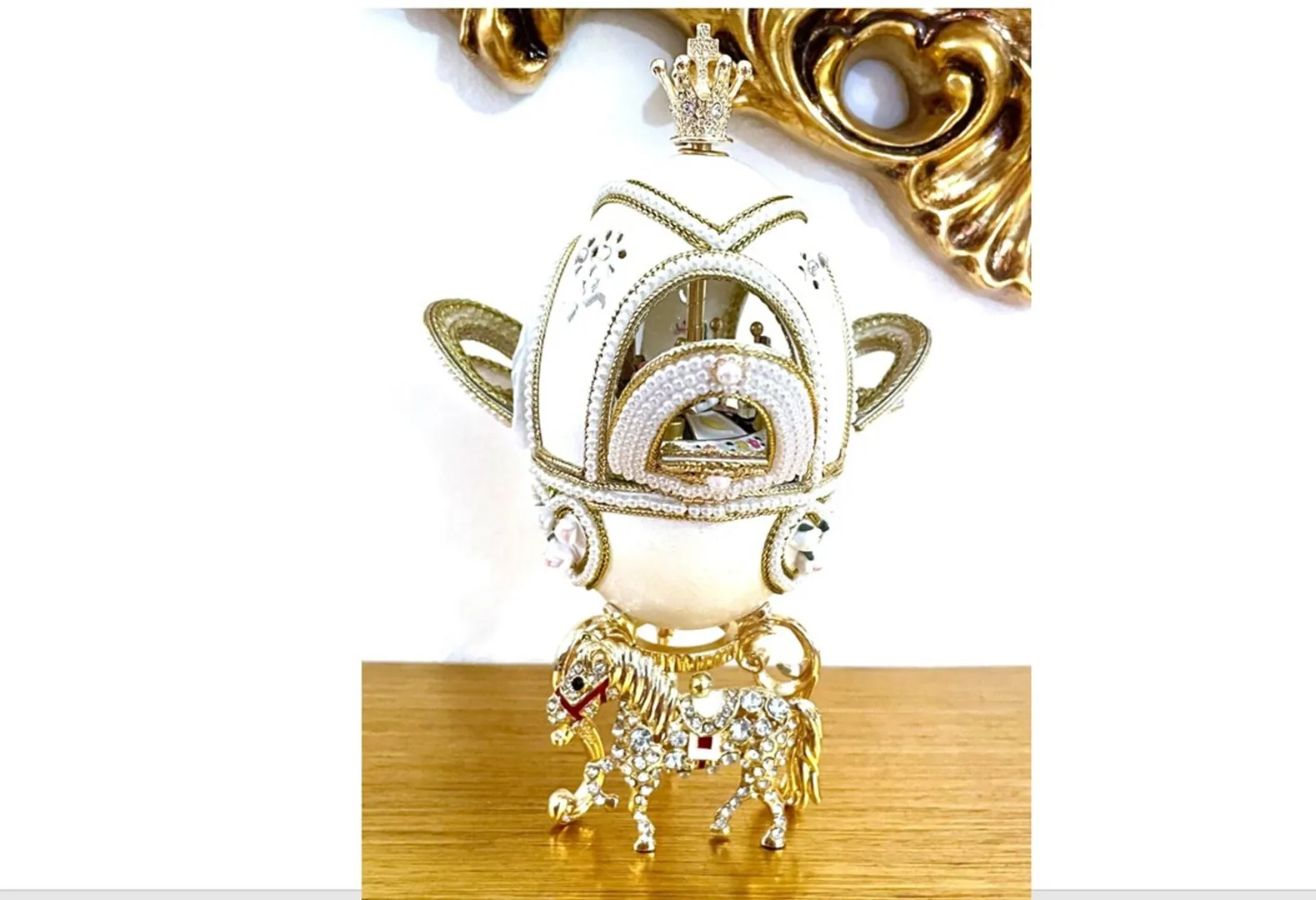 Designer Faberge Egg Musical Carousel HANDCARVED NATURAL Egg Swarovski Diamond Pure GOLD Decor Unique Ornaments Horse Lovers Gifts for Her