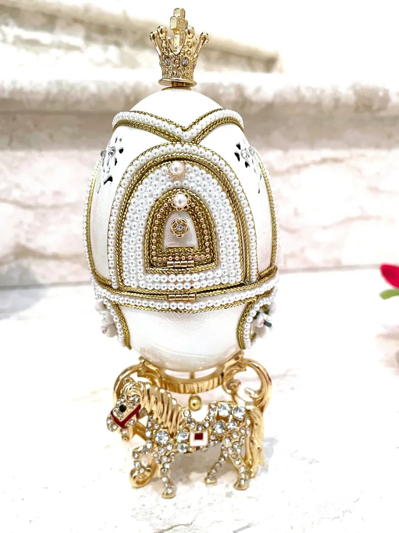 Designer Faberge Egg Musical Carousel HANDCARVED NATURAL Egg Swarovski Diamond Pure GOLD Decor Unique Ornaments Horse Lovers Gifts for Her