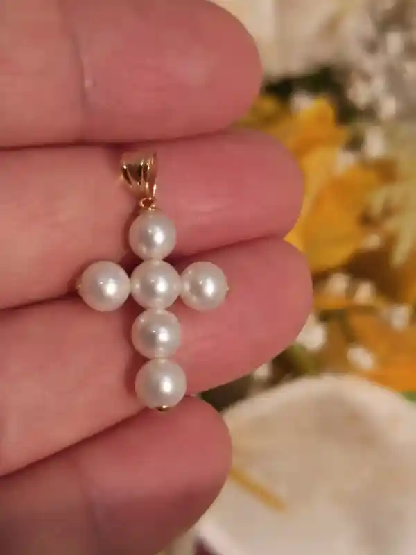Designer Pearl Cross Pendant,SOLID 18k,GOLD Pearl cross,Christian Mothers Day gift,Pearl Crucifix,Cross for Mom,Cross for women,UNIQUE Cross
