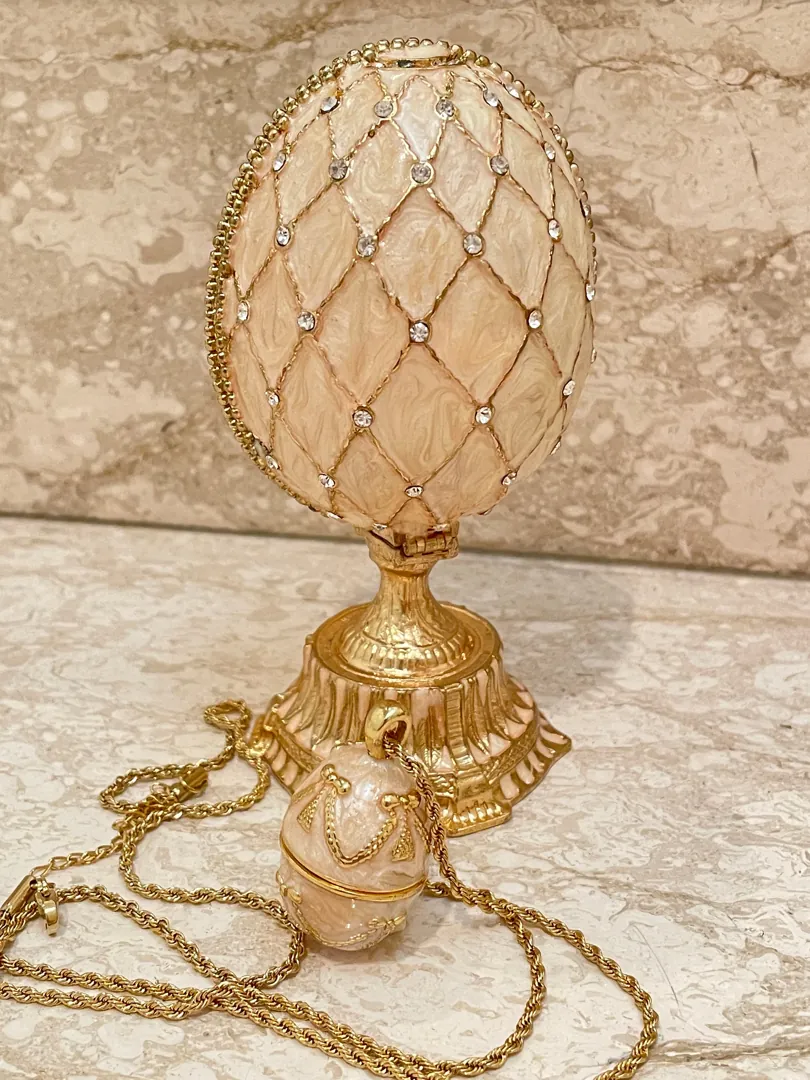 Faberge Egg Decorative Boxes 333 Austrian Crystal Handset Jewelry Box Fabergé Egg Imperial Crown Hideaway Trinket PLUS Faberge Necklace 24k