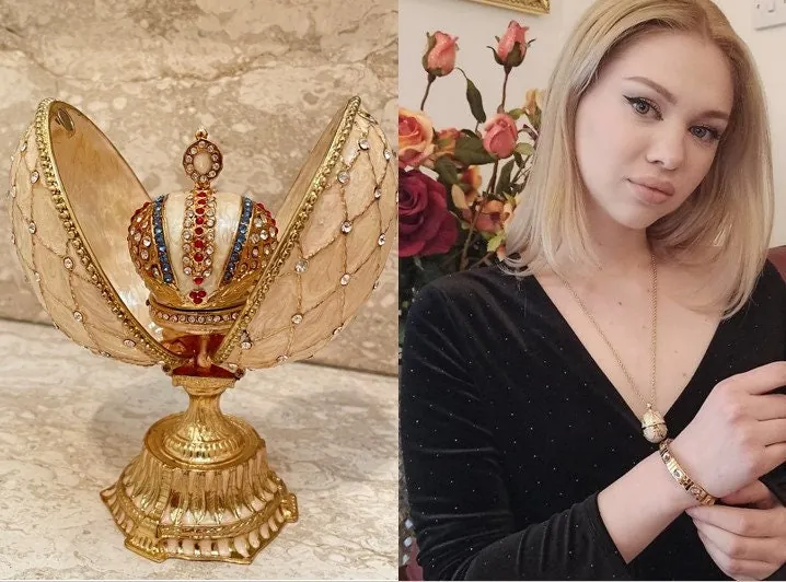 Faberge Egg Decorative Boxes 333 Austrian Crystal Handset Jewelry Box Fabergé Egg Imperial Crown Hideaway Trinket PLUS Faberge Necklace 24k