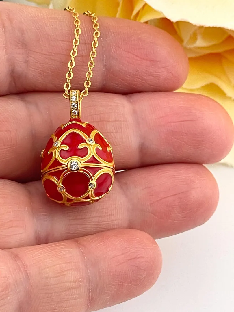 Pierre Lorren Faberge Necklace and Ruby Red Bracelet Faberge Egg Pendant Set. Austrian Crystal Diamond Fabergé Style Pendant and Faberge Jewelry.