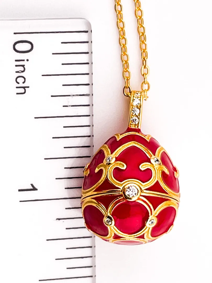 Pierre Lorren Faberge Necklace and Ruby Red Bracelet Faberge Egg Pendant Set. Austrian Crystal Diamond Fabergé Style Pendant and Faberge Jewelry.