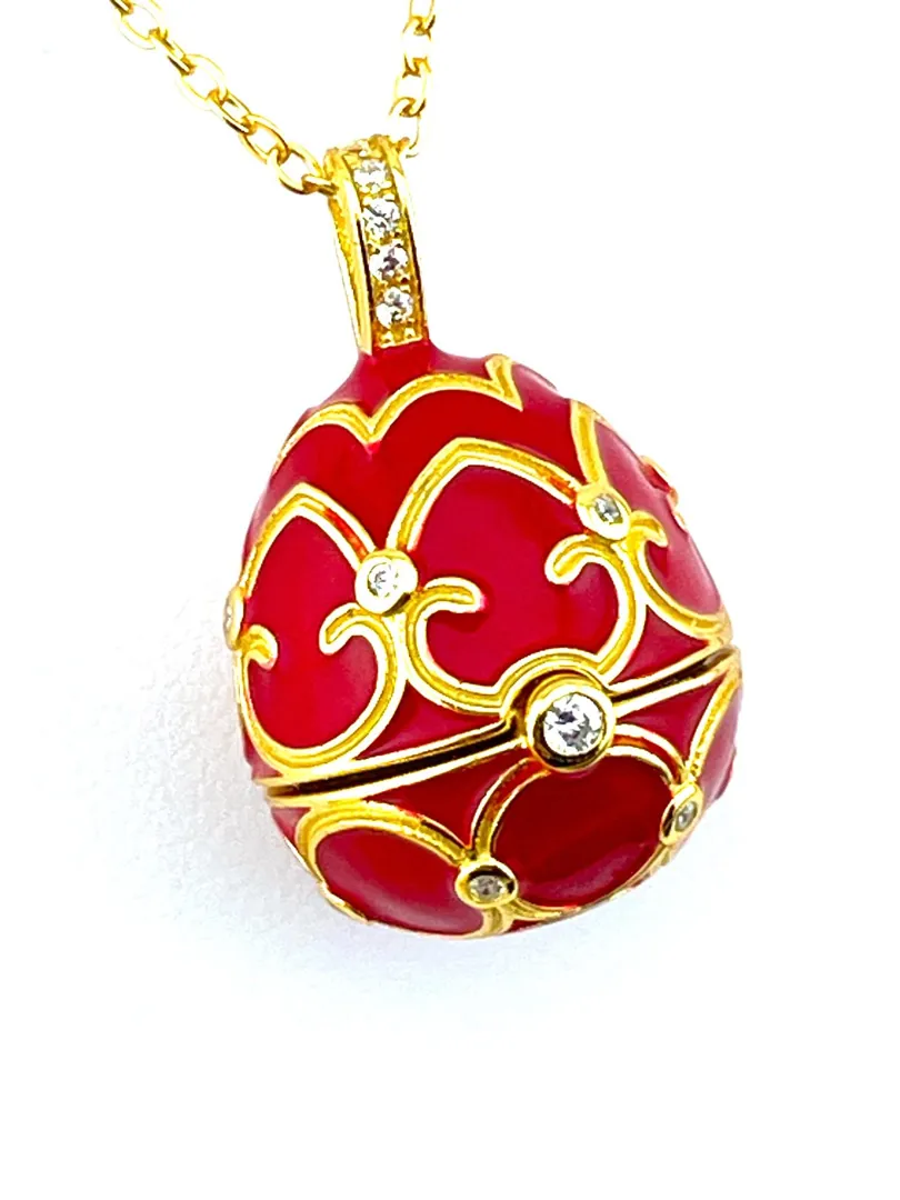 Pierre Lorren Faberge Necklace and Ruby Red Bracelet Faberge Egg Pendant Set. Austrian Crystal Diamond Fabergé Style Pendant and Faberge Jewelry.