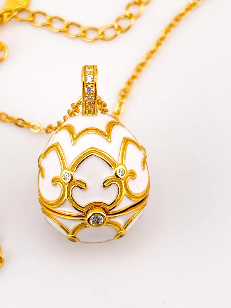 Pierre Lorren White Faberge Necklace & Bracelet Faberge Egg Pendant Set Austrian Crystal Diamond Fabergé Style Pendant Faberge Jewelry Gold.