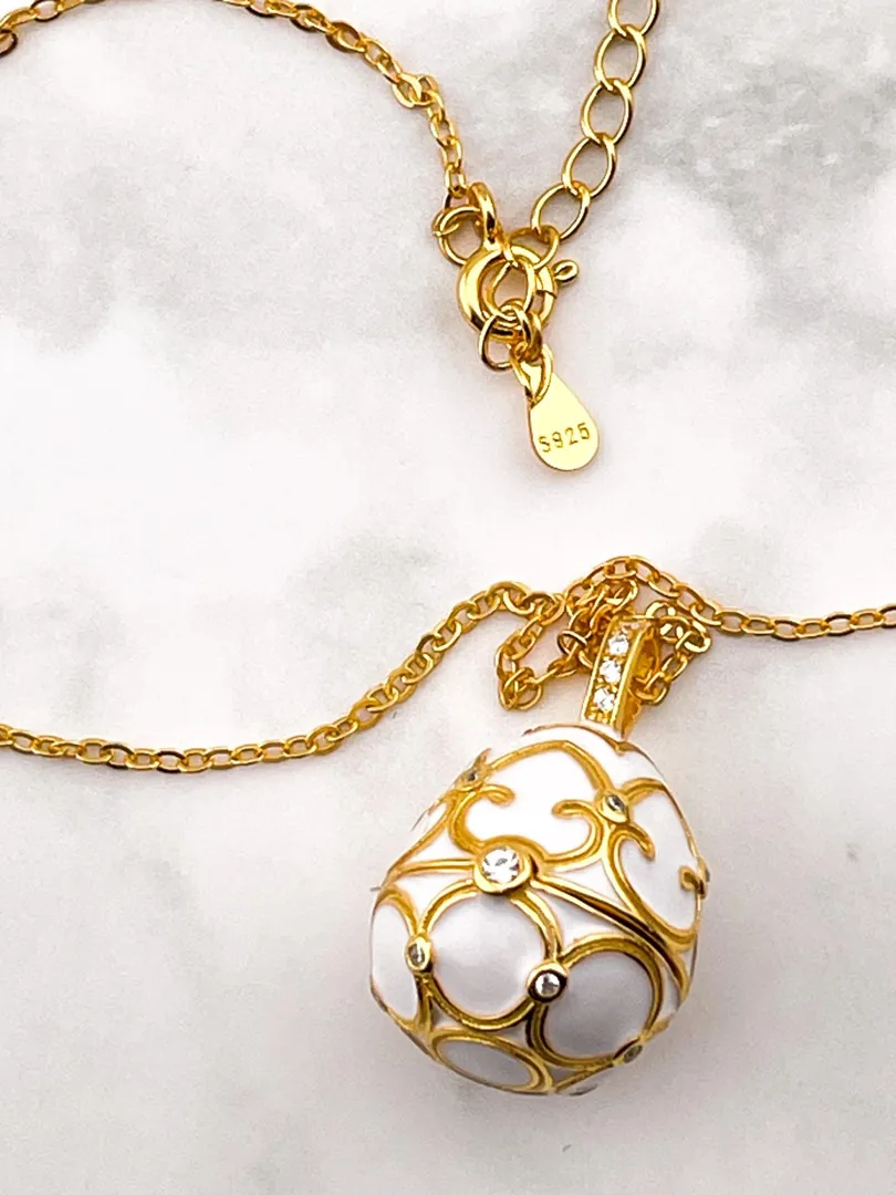 Pierre Lorren White Faberge Necklace & Bracelet Faberge Egg Pendant Set Austrian Crystal Diamond Fabergé Style Pendant Faberge Jewelry Gold.