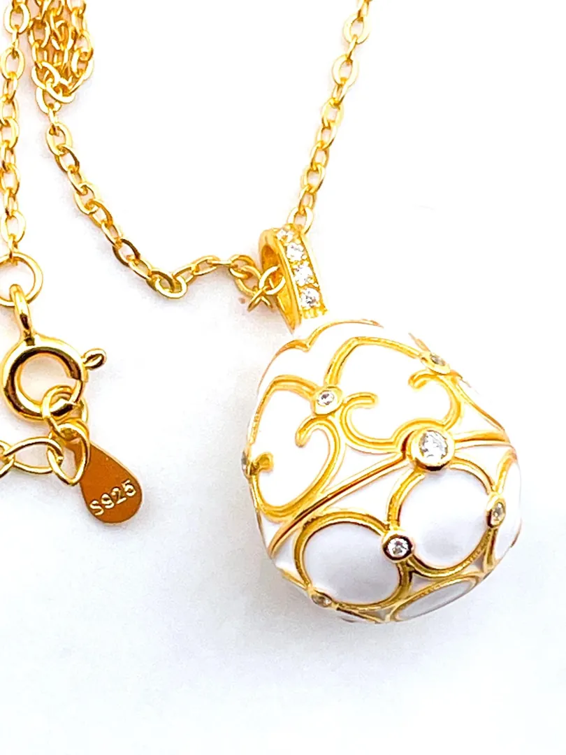 Luxury White Faberge Egg Necklace, Faberge Jewelry, Faberge Pendant Egg, Handmade Valentine’s Day Gift for Her, 18k Yellow Gold Wedding Gift.