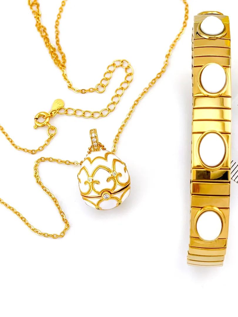Luxury White Faberge Egg Necklace, Faberge Jewelry, Faberge Pendant Egg, Handmade Valentine’s Day Gift for Her, 18k Yellow Gold Wedding Gift.