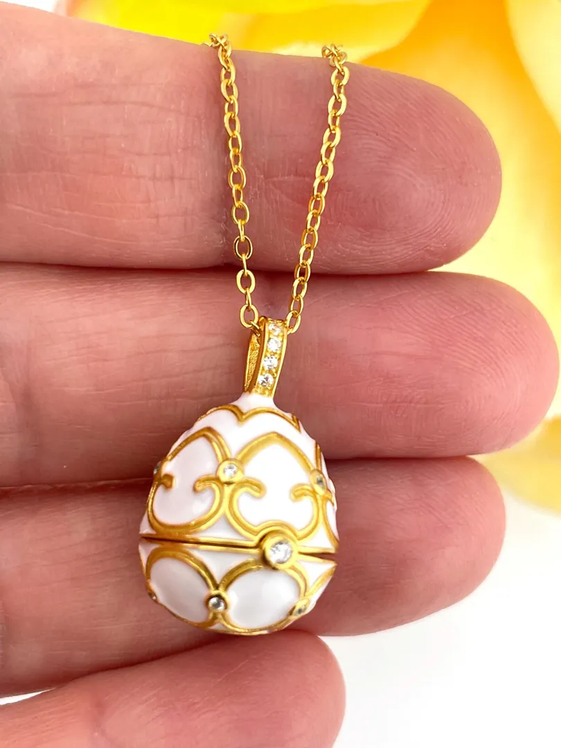 Luxury White Faberge Egg Necklace, Faberge Jewelry, Faberge Pendant Egg, Handmade Valentine’s Day Gift for Her, 18k Yellow Gold Wedding Gift.
