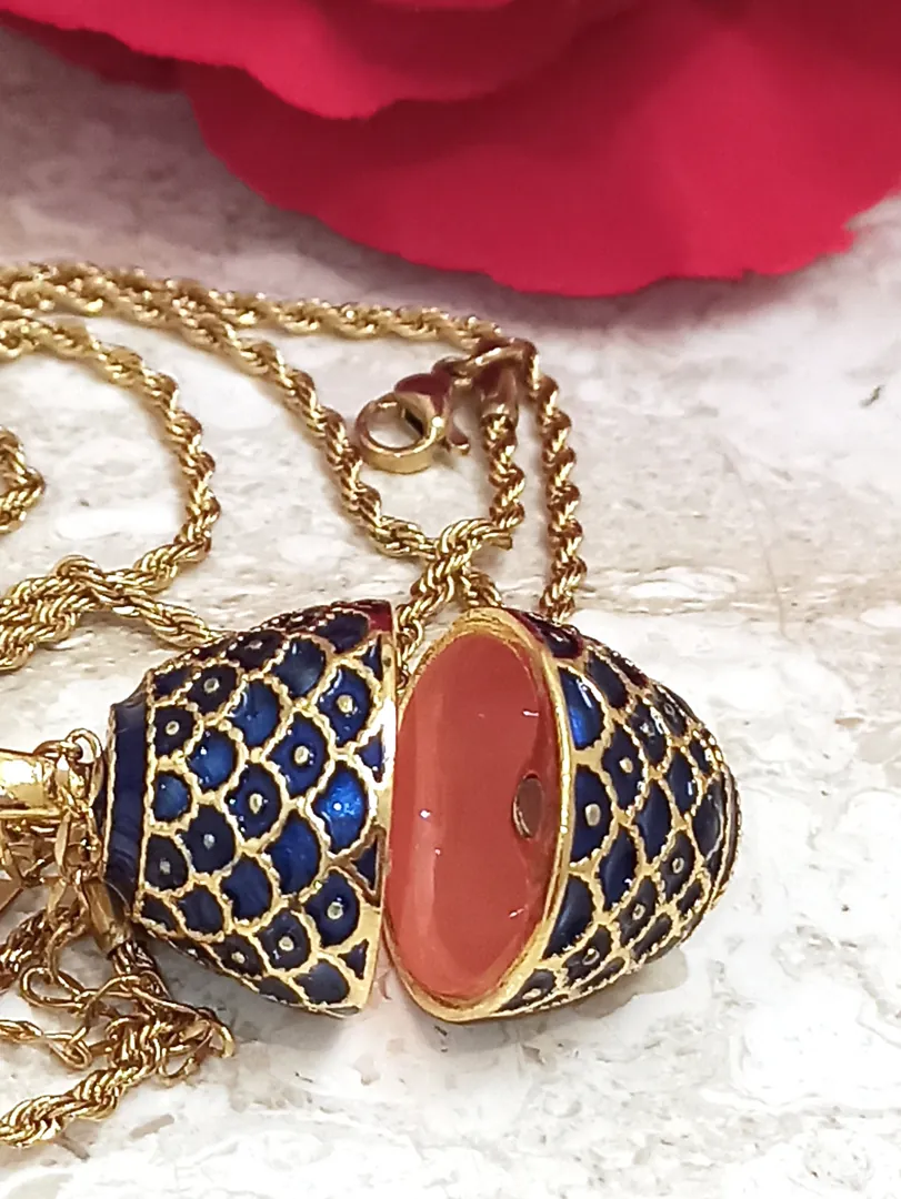 Handmade Faberge Egg Style Pendant Guilloche Enamel 24K Gold Sterling Silver Egg Necklace Imperial Fabergé Egg Easter + Blue Bracelet Jewelry