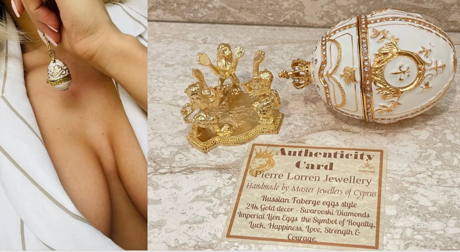 Luxury Handmade White Faberge Egg Crystal Jewelry Box & Fabergé Pendant Engagement Gift for Her Imperial Faberge Style Egg Set 24k Handset