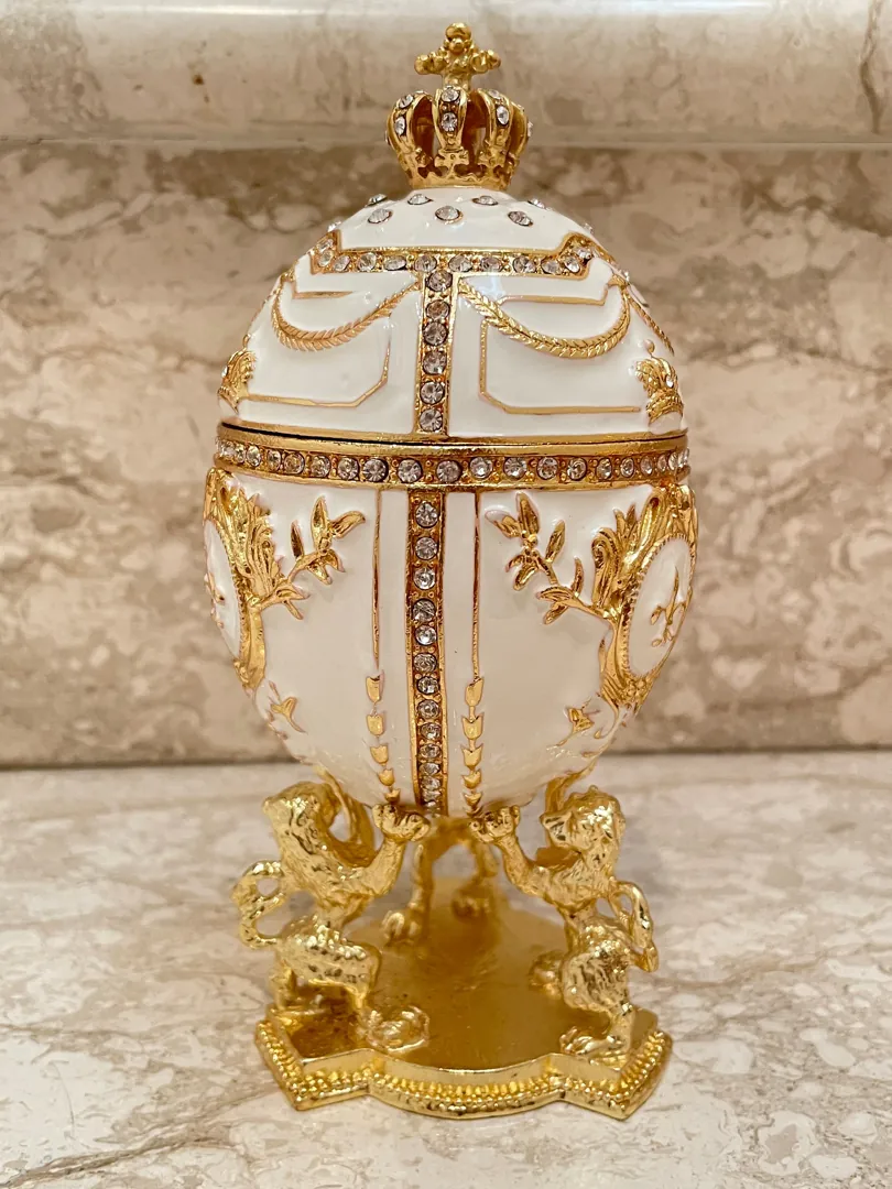 Luxury Handmade White Faberge Egg Crystal Jewelry Box & Fabergé Pendant Engagement Gift for Her Imperial Faberge Style Egg Set 24k Handset