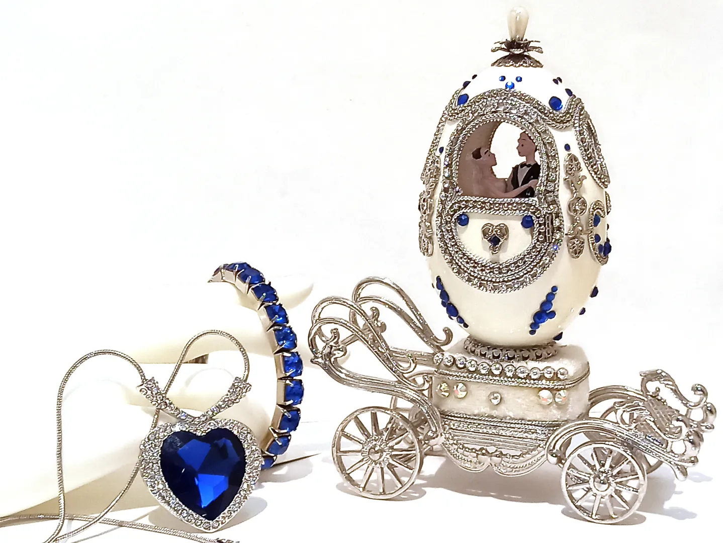 Designer Gifts, ONE OF A KIND, Faberge egg, Large SILVER Heart Ocean Necklace & Tennis Bracelet, Faberge egg Music, SAPPHIRE Wedding Anniversary.