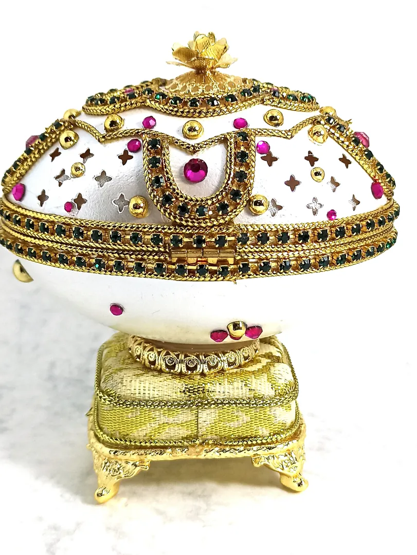 One Of a Kind Faberge Egg style HANDCARVED Collectible Fabergé Egg Musical Silk Interior Jewelry Box Amethyst Rose Valentines Day Christmas