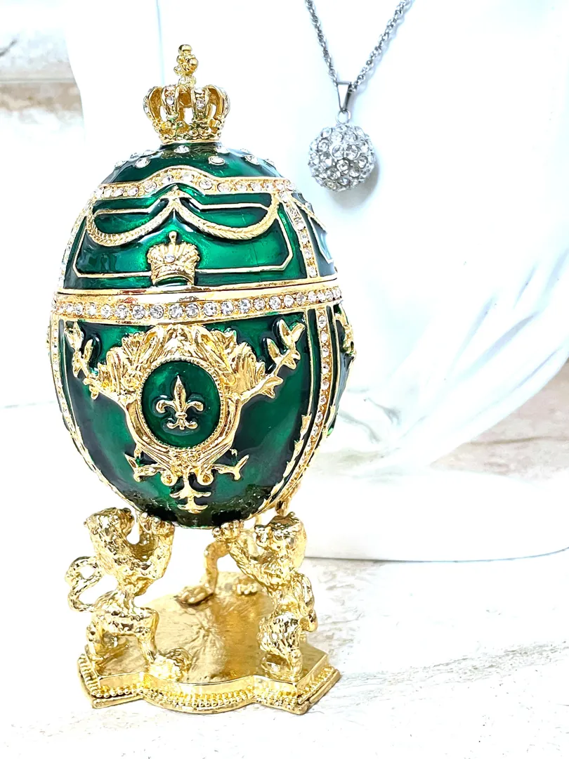 Stunning Faberge Egg Green Handmade Gift for Her - Home Decor Gift for Women - Faberge Egg Trinket Fabergé Egg Unique Jewelry Box Birthday Gifts