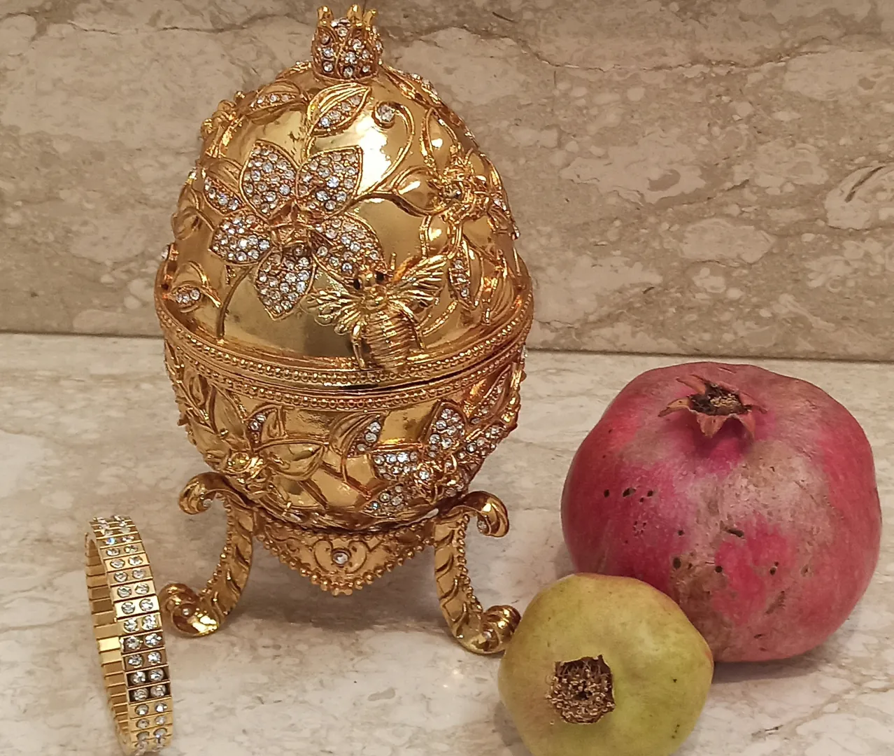 Faberge Jewelry Box Pomegranate Bracelet 24k Gold 10ct Diamond Jewish New Year Good Luck Jewelry Pomegranate Greek Armenian Her Graduation Gift