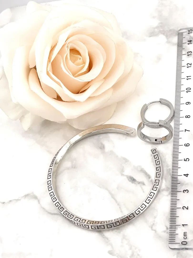 Handmade Meander Jewelry Set Silver 999 White Gold - Greek Key Bracelet Plus Greek Key Earrings Eternity Love Happiness Success Jewelry