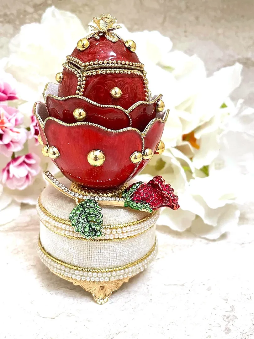 One Of A Kind Ruby Rose Fabergé-Style Egg Pure Gold Detailing & Austrian Crystal Rubies Musical Collectible Keepsake by Pierre Lorren 2002