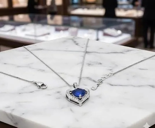 Heart Sapphire Diamond Necklace, Heart Shaped Sapphire, 18K White Gold, Silver Sapphire, Valentine's Day, Mother's Day, May Birthday Gift for Women.