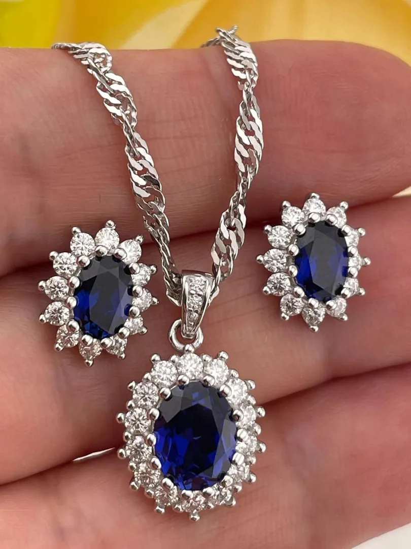 Princess Diana Natural Sapphire Diamond Necklace Earrings Set – Royal Blue Bridal Wedding Jewelry, Kate Middleton Fine Jewelry Gift Handmade.