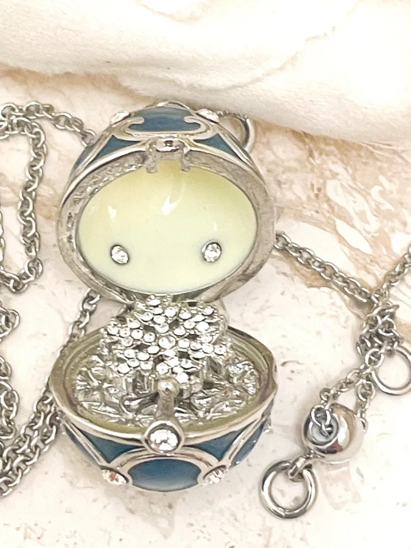 Handmade Faberge Egg Pendant Necklace Fabergé Egg Earrings Set: 18k White Gold Silver Jewelry Austrian Crystal Diamonds Pierre Lorren