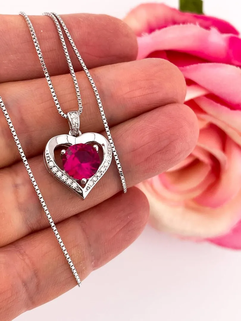 2 carat Natural Ruby Heart Diamond Necklace, Ruby Solitaire Necklace, Ruby Heart Necklace, Heart Pendant Necklace Handmade Fine Jewelry