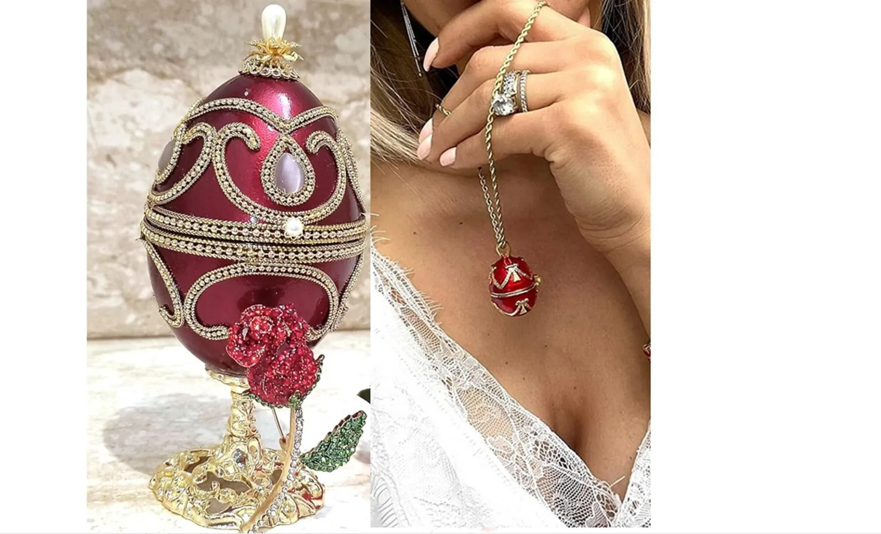 2014 Valentine's Day Trinket Box Faberge Egg Gold Faberge Necklace Faberge Egg Jewelry Set Valentine's Day Gift for Her 10th Anniversary Gift
