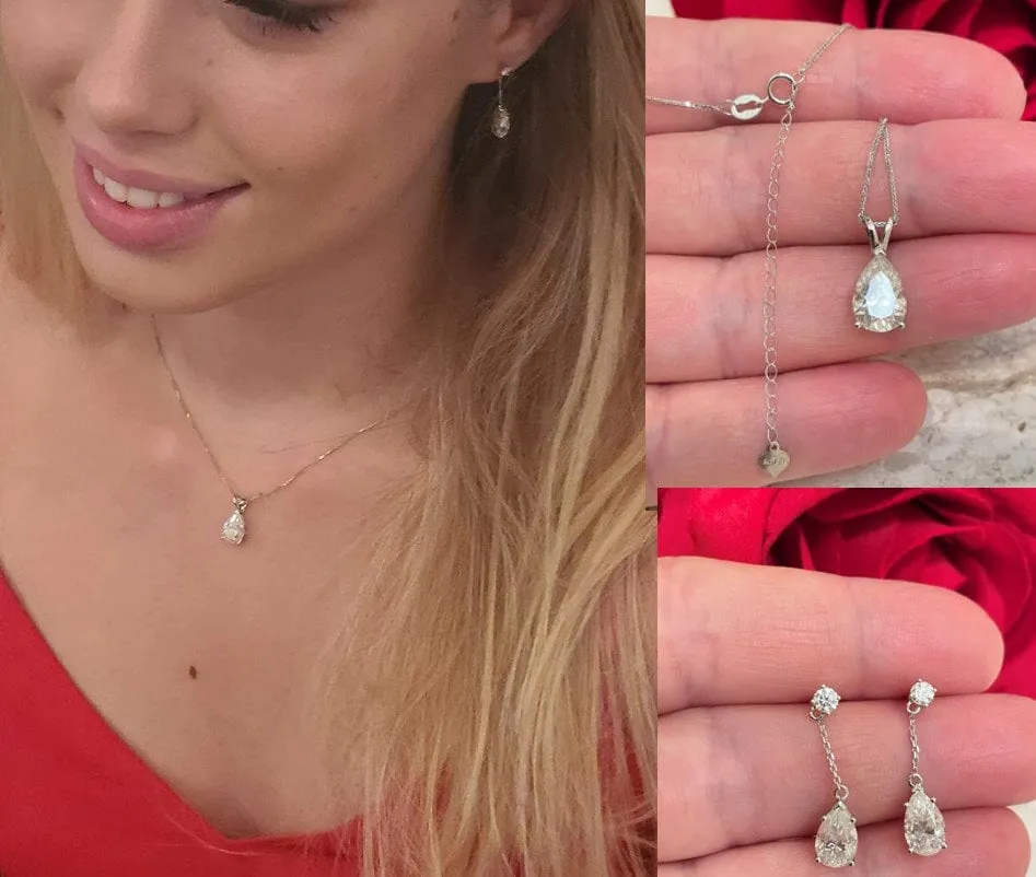4ct Tear Drop Diamond Necklace, Tear Drop Diamond Earrings, Diamond Jewelry, Solid 18k White Gold Birthday Anniversary Gift for Her Graduation.