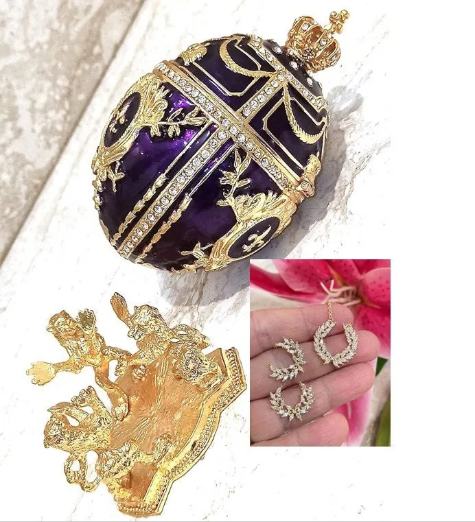 Purple Faberge Christmas New Year's Wreath Jewelry + Faberge Style Egg Handmade Pure Gold Decor Swarovski Faberge Set Luck Joy Love Happiness