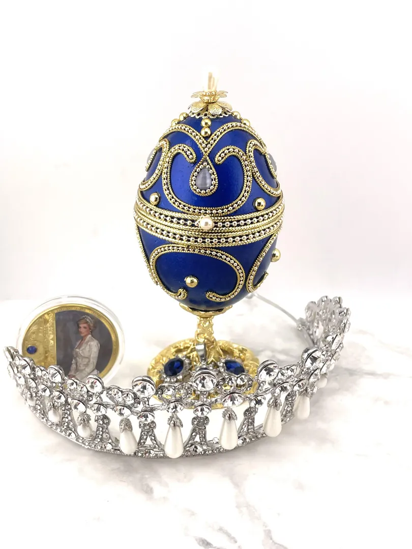 1981 Faberge Egg Music Box - Natural Egg - Lady Diana Spencer Tiara & Coin Princess Diana Gift Swarovski Royal Wedding Memorabilia Pure Gold