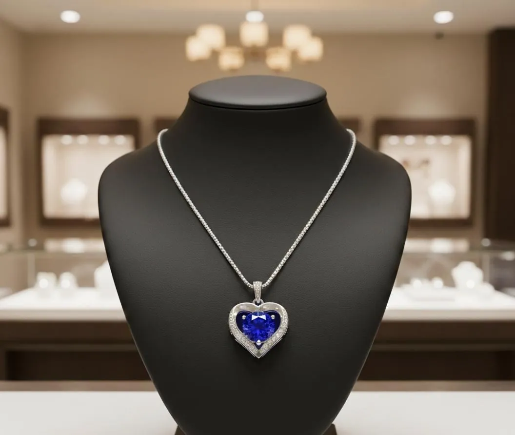 18k Heart Sapphire Diamond Pendant 18k White Gold Genuine Natural Sapphire Necklace Something Blue Bridal Gift for Her Wedding Anniversary