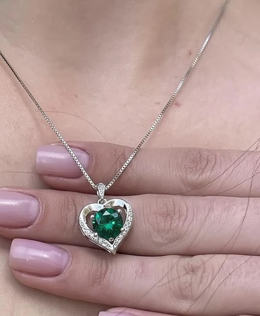 Natural 2 carat Emerald Heart Diamond Necklace, Emerald Heart Pendant, Handmade Fine Jewelry, Emerald Wedding Anniversary May Birthstone