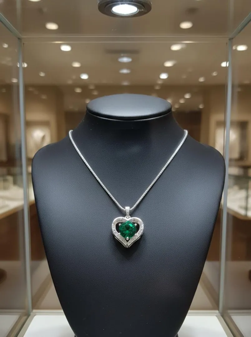 Natural 2 carat Emerald Heart Diamond Necklace, Emerald Heart Pendant, Handmade Fine Jewelry, Emerald Wedding Anniversary May Birthstone