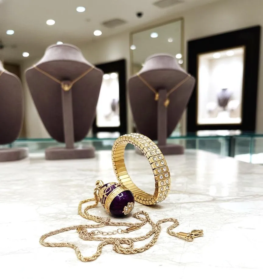 Purple Faberge Egg Pendant Necklace Bracelet Set - Fabergé Handmade Greek Jewelry, Faberge Easter Gift Swarovski Pure Gold by Pierre Lorren