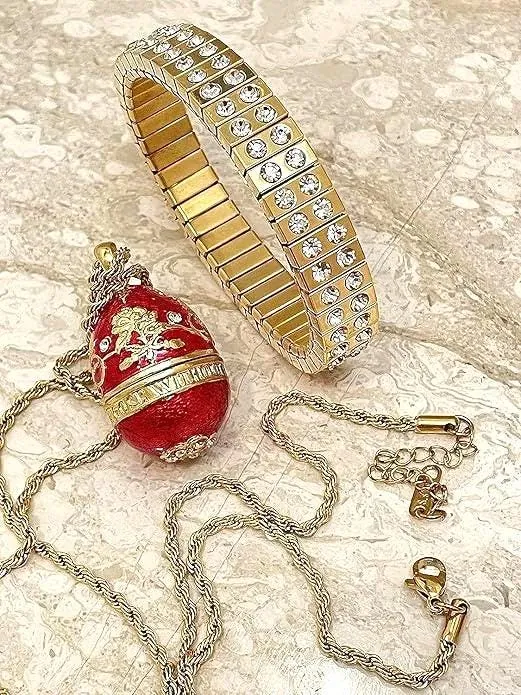 Faberge Egg Pendant Necklace Bracelet SET - Fabergé egg Handmade Greek Jewelry, Faberge Easter Gift - Swarovski Pure Gold - by Pierre Lorren