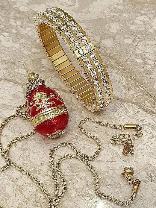 Pierre Lorren Red Faberge Egg Necklace Pendant Bracelet - Faberge Style Egg - Wedding Jewelry Gift Fabergé Eggs Handmade 24k Gold Swarovski