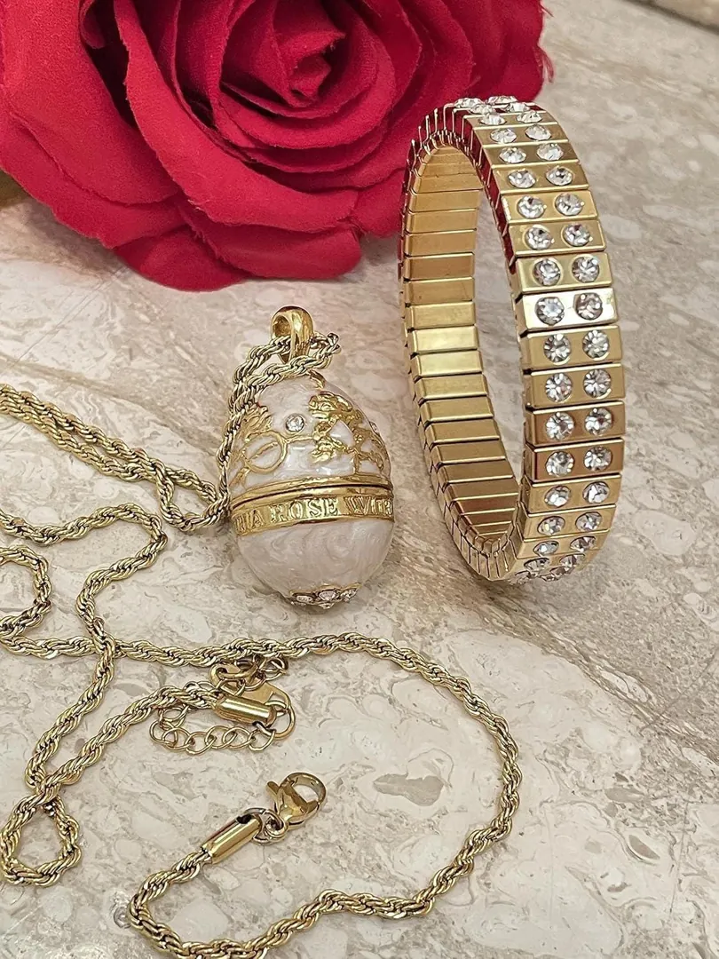 Pierre Lorren Faberge Egg Necklace Pendant Bracelet - Faberge Style Egg - Bridal Shower Gift - Fabergé Easter Egg Handmade 24k Gold Swarovski
