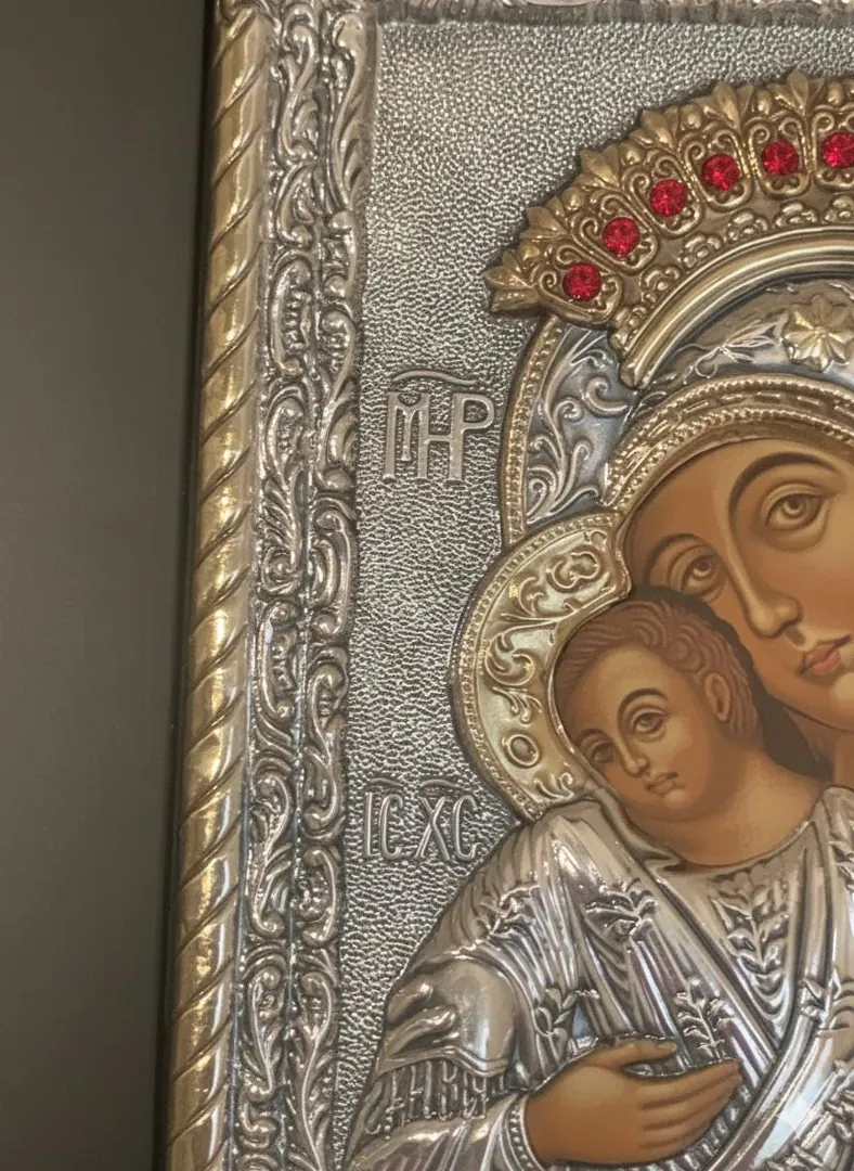 Mother and Child ICON ORTHODOX Our Lady Of Kykkos Solid Silver 925 Handmade Masterpiece 12 Rubies 24kt GOLD Set Holy Crown Handmade