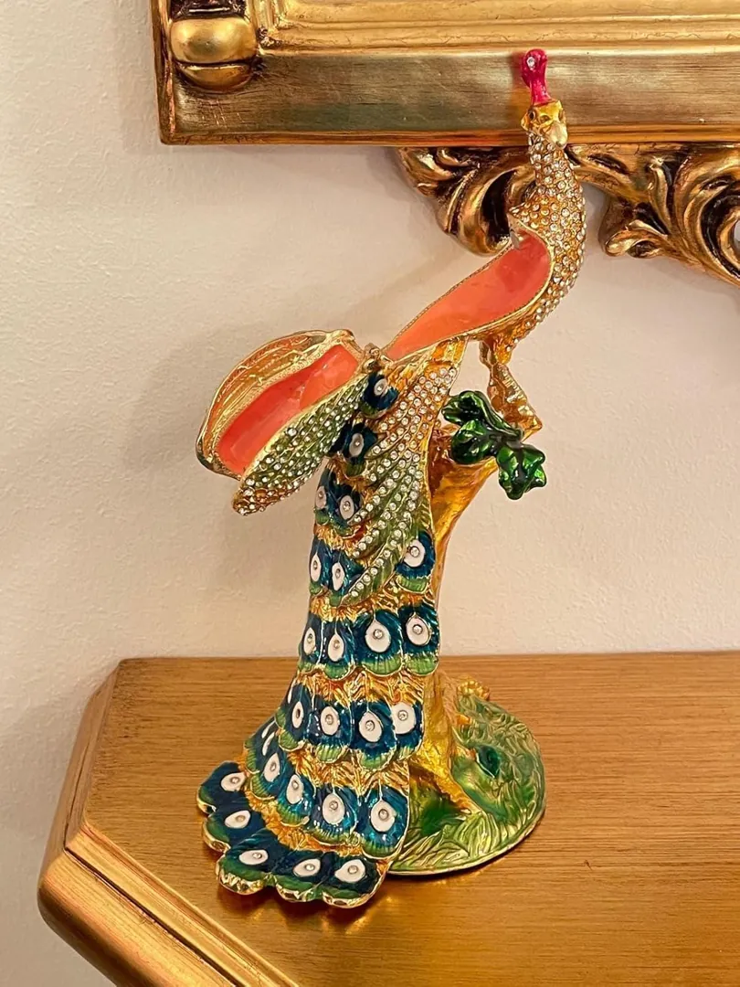 Antique Unique 21st Birthday Gift 24k Gold Large Peacock Lover Gift Faberge Egg Handmade Jewelry Box 840 Swarovski Diamond Handset 2003 Birthday