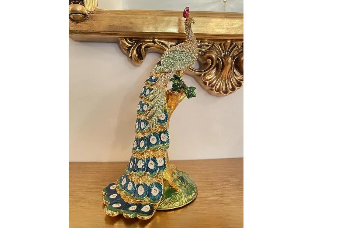 Antique Unique 21st Birthday Gift 24k Gold Large Peacock Lover Gift Faberge Egg Handmade Jewelry Box 840 Swarovski Diamond Handset 2003 Birthday