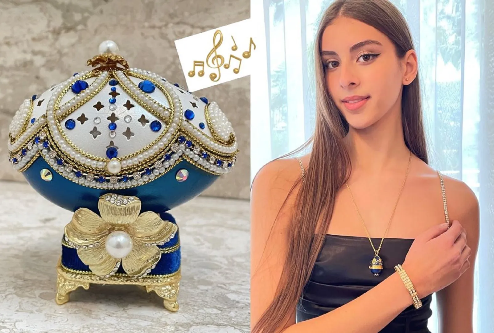 1993 Luxury Jewelry Box Faberge Egg Jewelry Set - Faberge Egg Something Blue Something New Hand-Carved Natural Egg 24k Gold Austrian Crystal