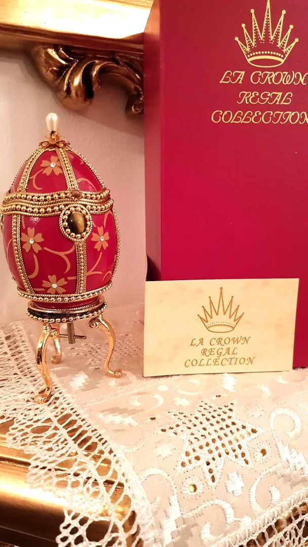 1990 Natural Goose Egg Faberge Egg Style Musical Box 24K Gold Swarovski