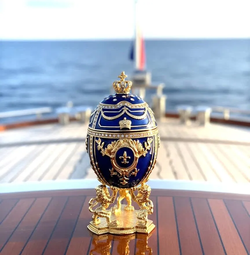 Sapphire Blue Faberge Egg Jewelry Box – 24k Gold, Swarovski Crystals