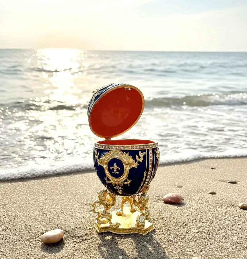 Sapphire Blue Faberge Egg Jewelry Box – 24k Gold, Swarovski Crystals