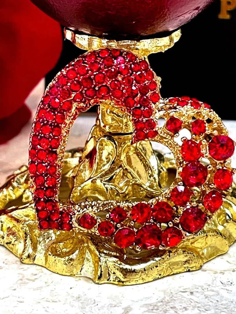 Ruby Heart Fabergé Egg Style Natural Goose Egg Music Box 24K Gold, 198 Rubies, Vintage Collectible HANDMADE by Pierre Lorren.
